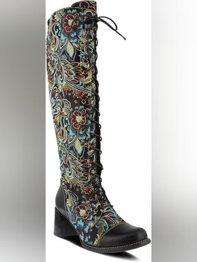 L'artiste Spring Step Knee High Lace Up Multicolor Floral Boots